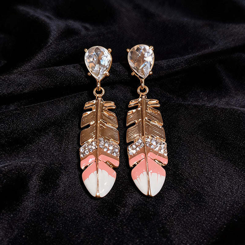Women Feather Pendant Dangle Stud Earrings,Palace Style Heavy Craft Inlaid Rhinestone Enamel Earrings,Light Luxury Versatile Elegant Daily Fashion Jewelry