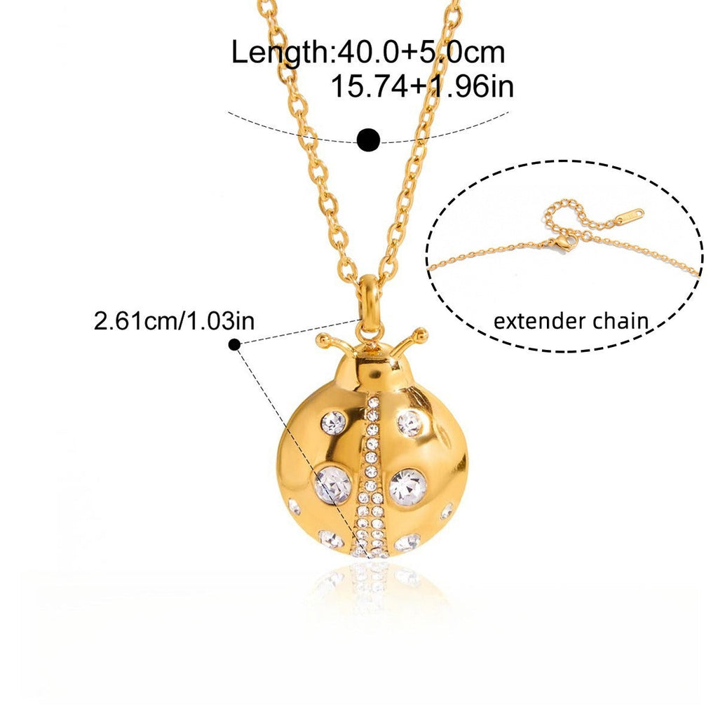 18k Gold Ladybug Necklace and Earrings Set with Zircon Details