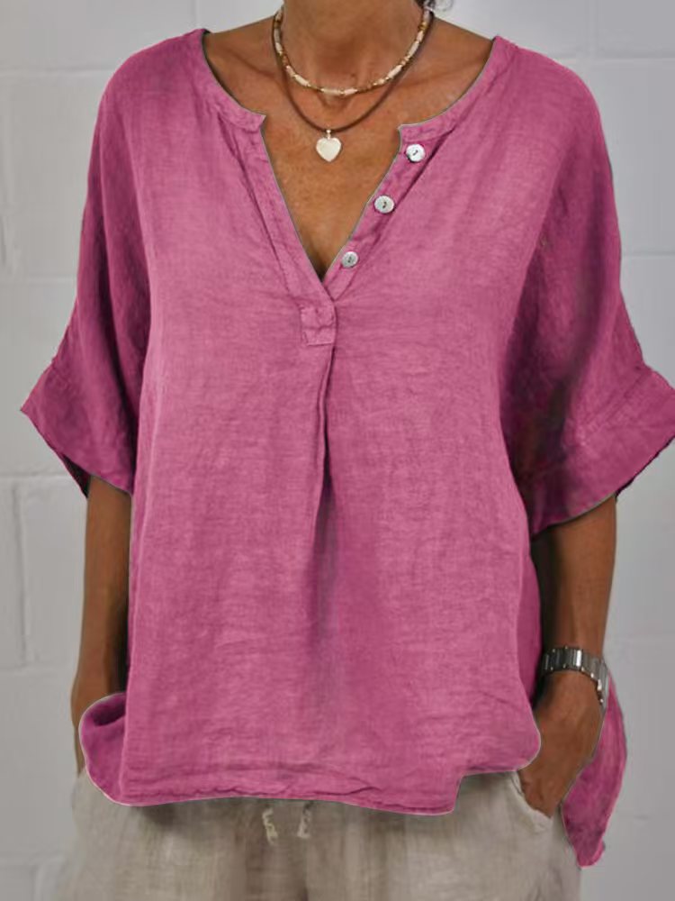 Women's Cotton Linen V-Neck Button-Up Shirt Casual Top - Image 9