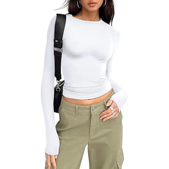 Women T-shirt Long Sleeve Crew Neck Solid Slim Fit Tee  Crop Top