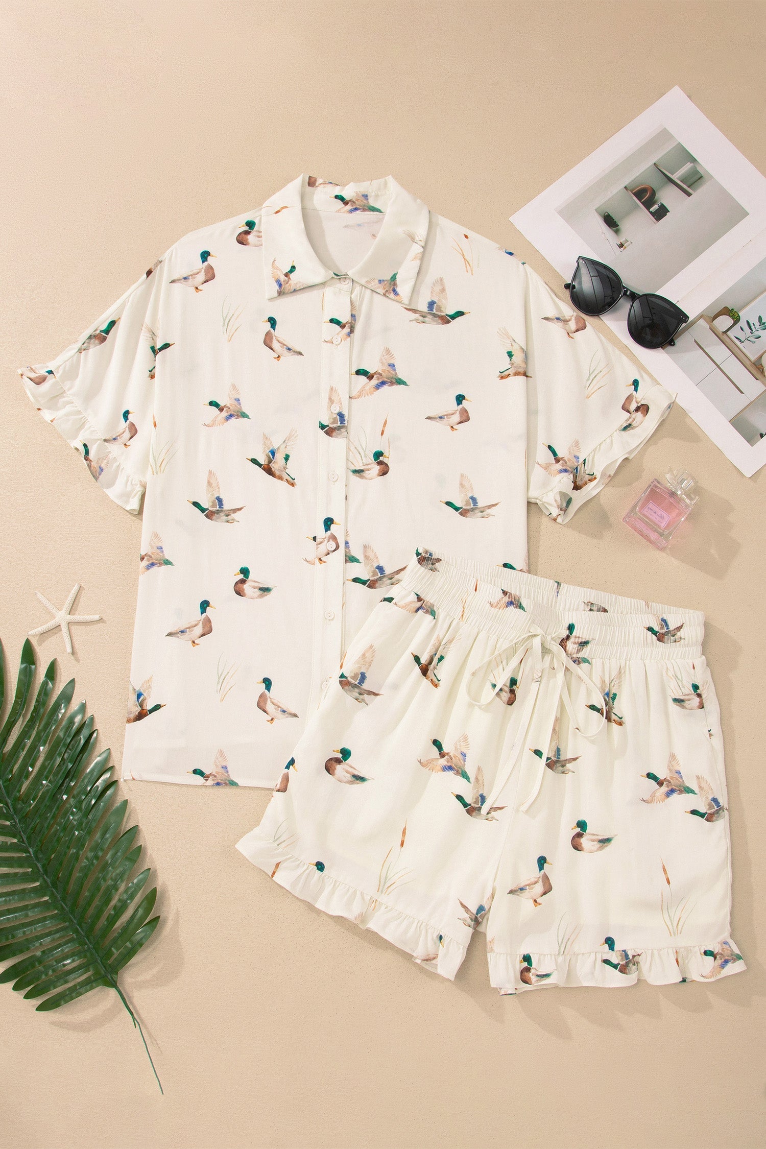 Mallard Print Ruffle Buttoned Shirt and Shorts Pajama Set
