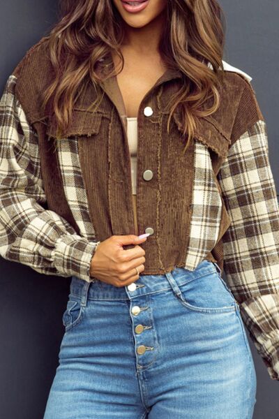 Raw Hem Plaid Cropped Hooded Jacket Buttoned Casual Outerwear