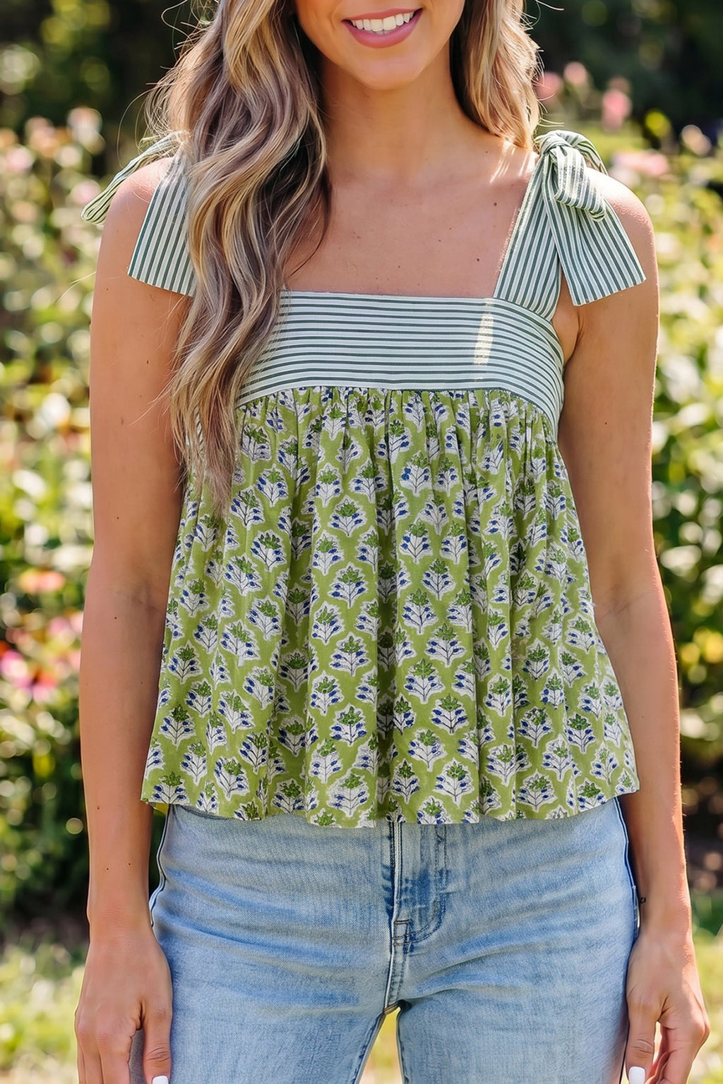 Alisson Straps Babydoll Tank Top with stripe and floral patchwork pattern