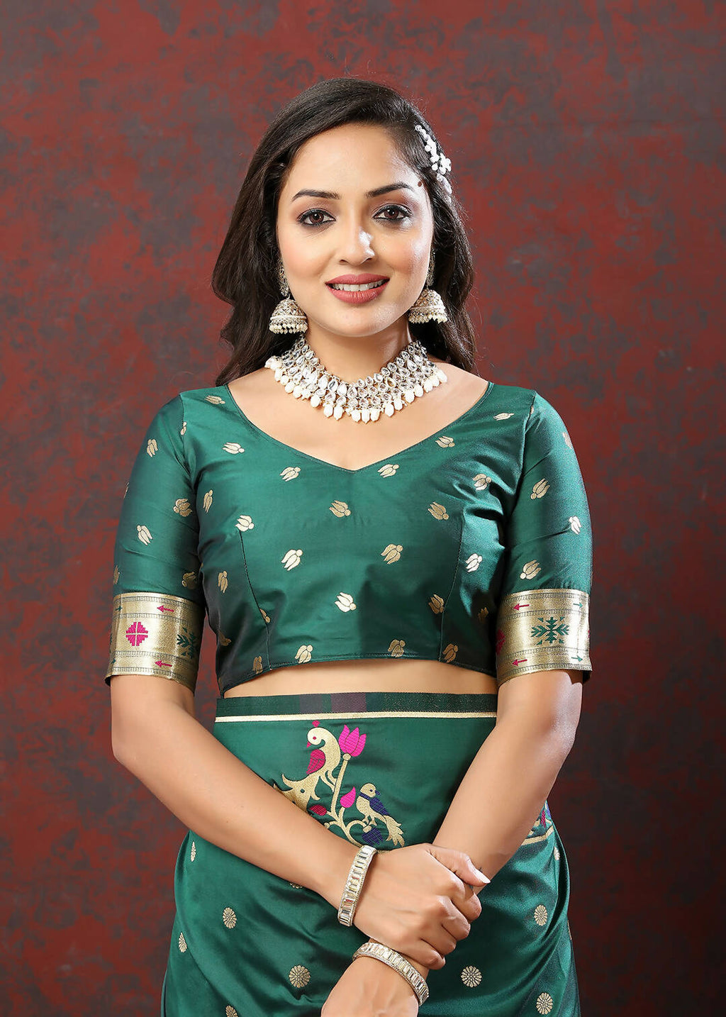 Green Soft Paithani Silk Saree with Gold Zari Meenakari Weaving