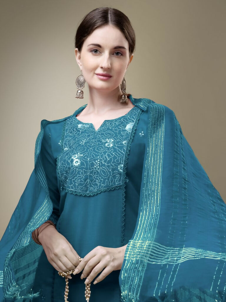 Morpich Cotton Blend Embroidered Kurta with Trouser and Dupatta
