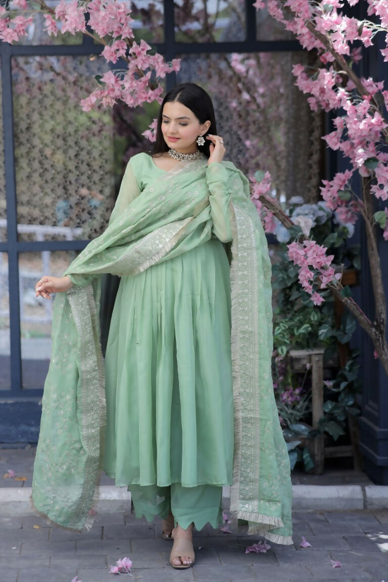 Women's Pista Tabby Silk A-Line Kurta Set with Trouser & Dupatta