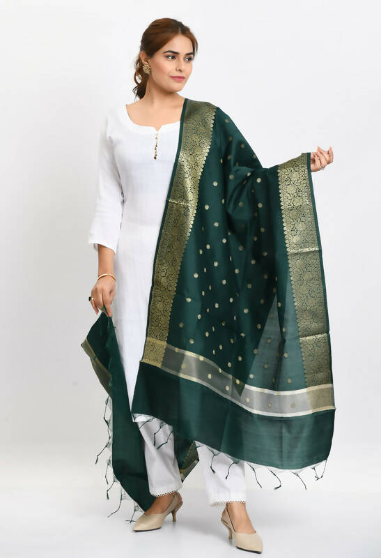 Bottle Green Banarasi Silk dupatta with gold woven traditional ethnic design