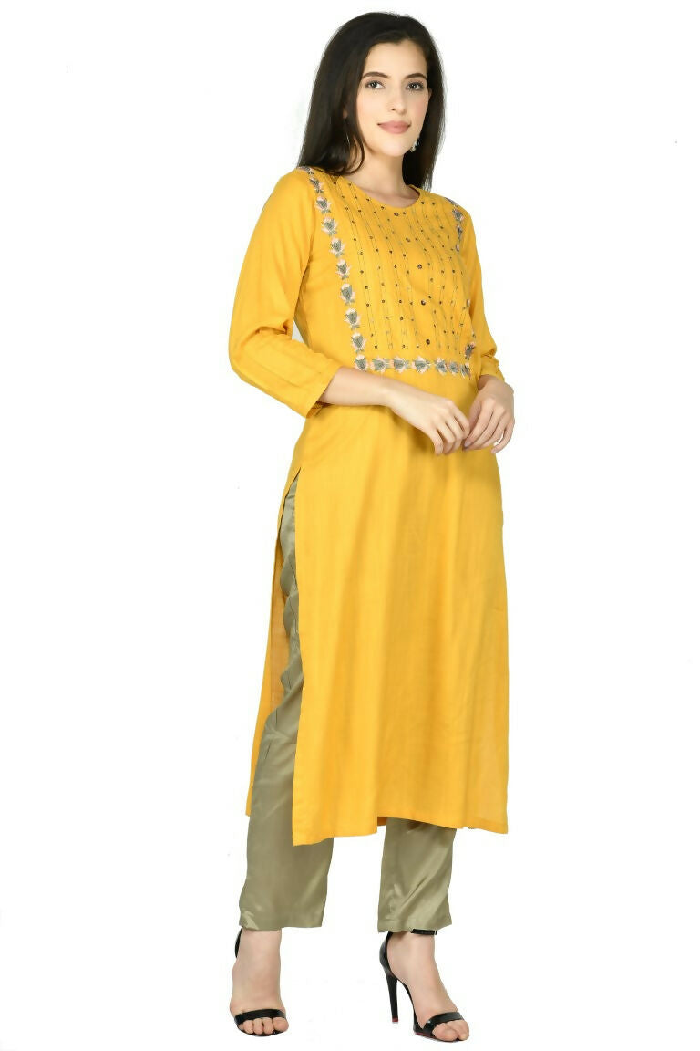 Mustard Cotton Rayon 3-Piece Kurta Set with Dupatta