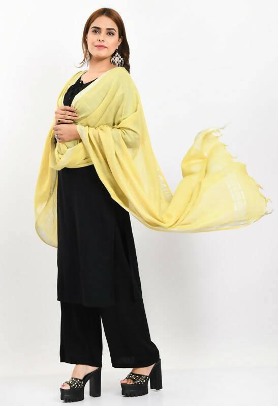Lemon Yellow Linen Cotton Dupatta with Elegant Silver Border