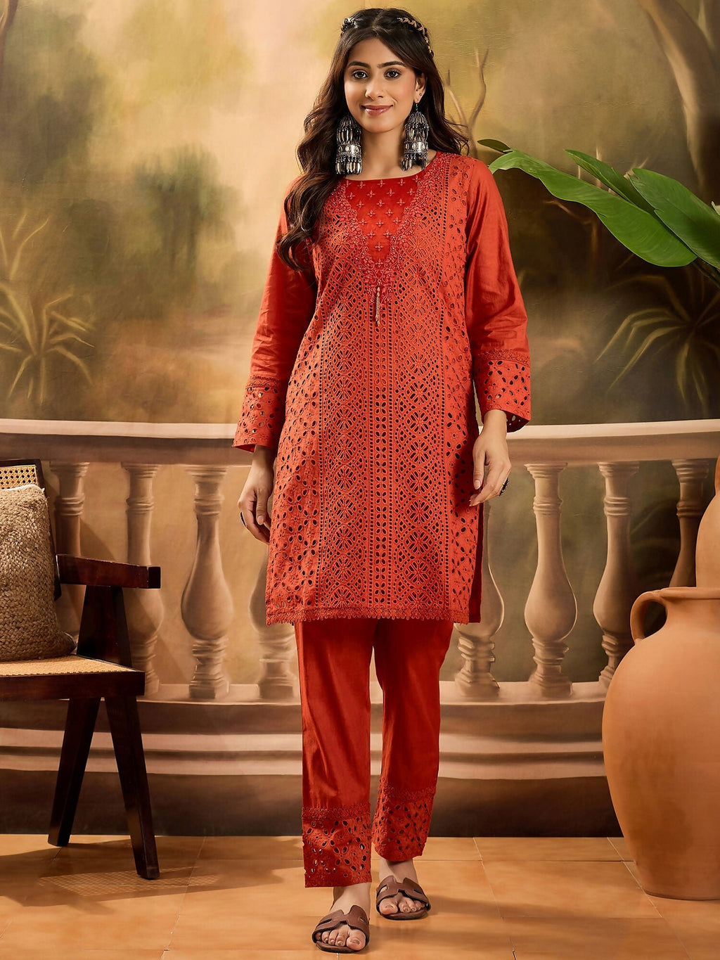 Sophisticated rust colored co-ord set with intricate embroidery and pure cotton finish.