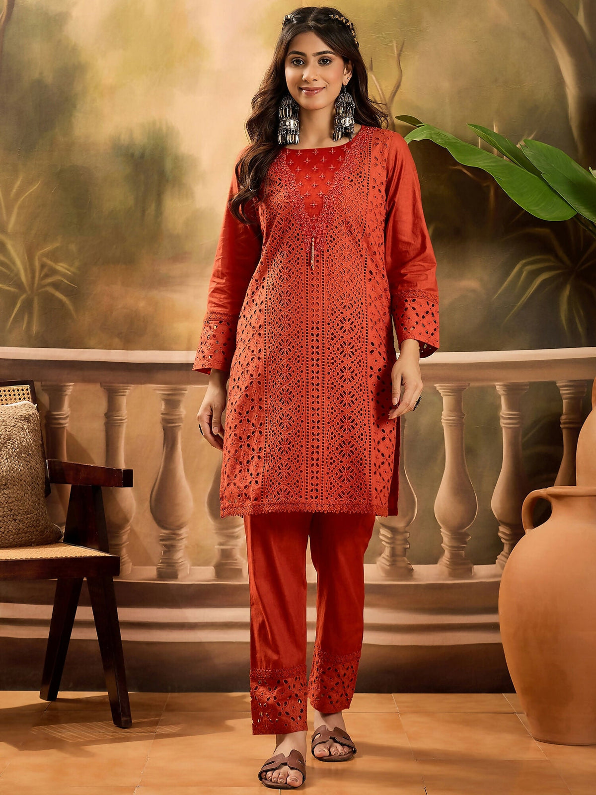 Sophisticated rust colored co-ord set with intricate embroidery and pure cotton finish.