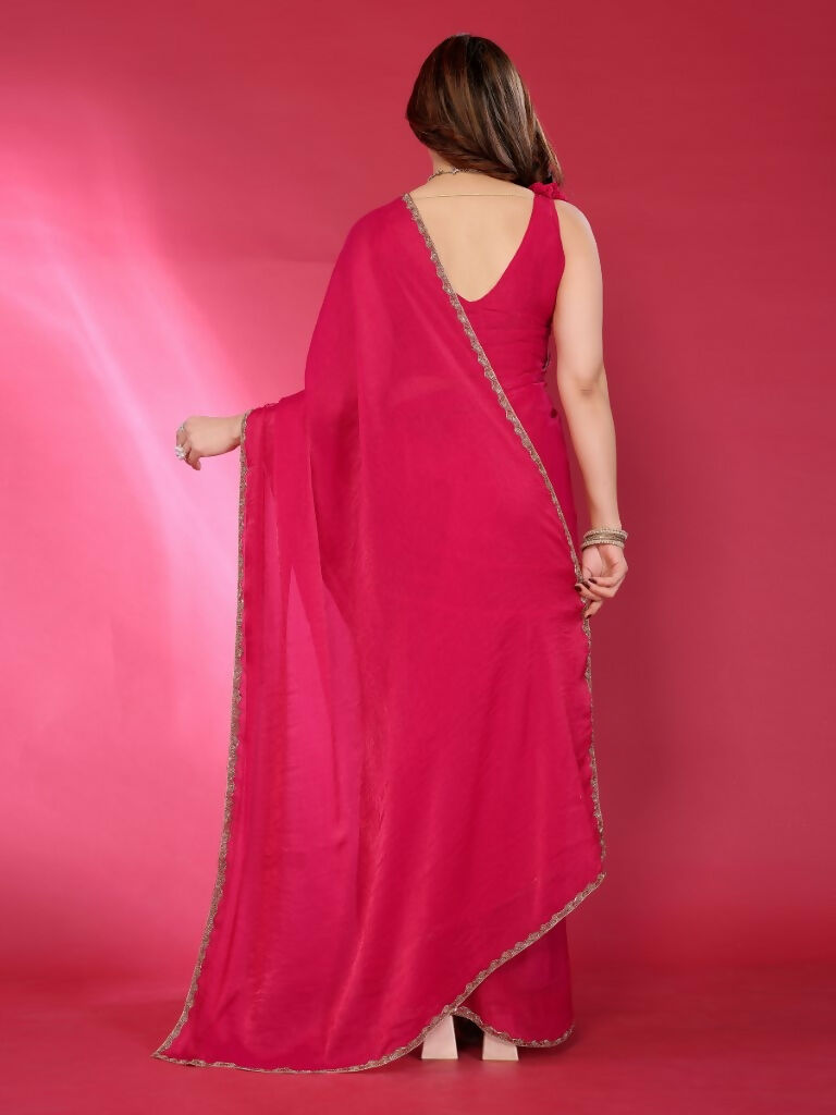 Pink Jimmy Choo Fabric Saree with Elegant Work Lace Border