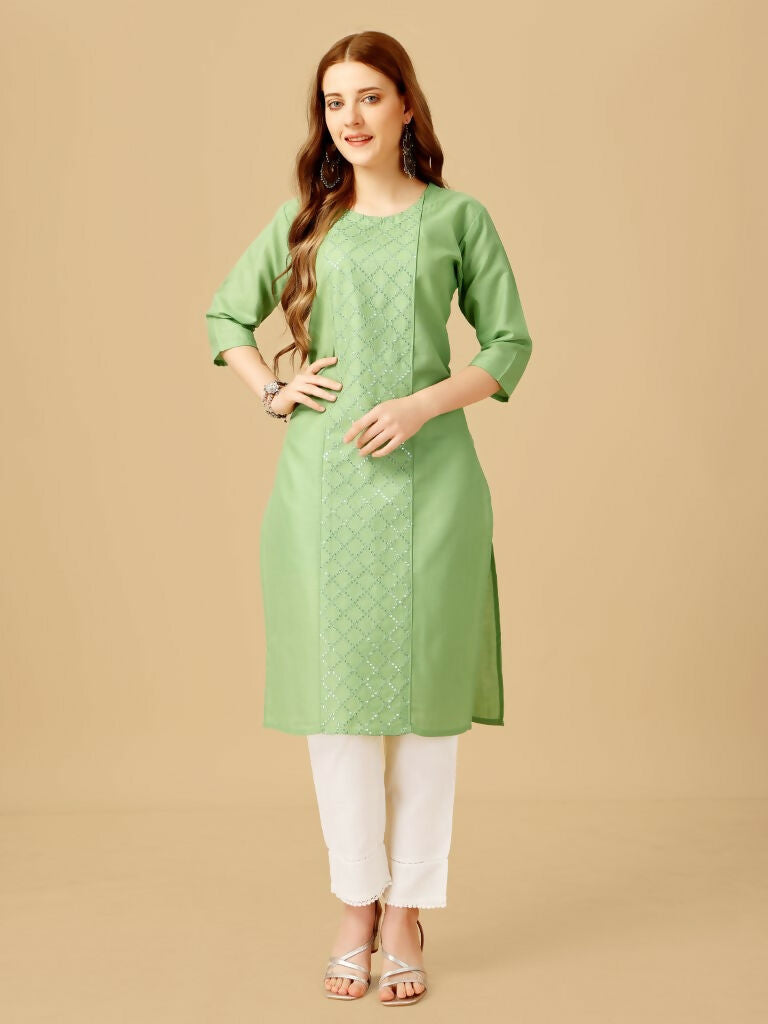 Women's Lime Green Embroidered Cotton Blend Kurta Pant Set