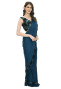 Peacock Blue and Black ruffled ready-to-wear saree with sequence embroidered blouse