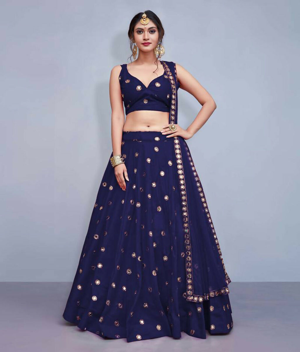 Navy Blue Art Silk Lehenga Choli with Mirror Work and Sequins