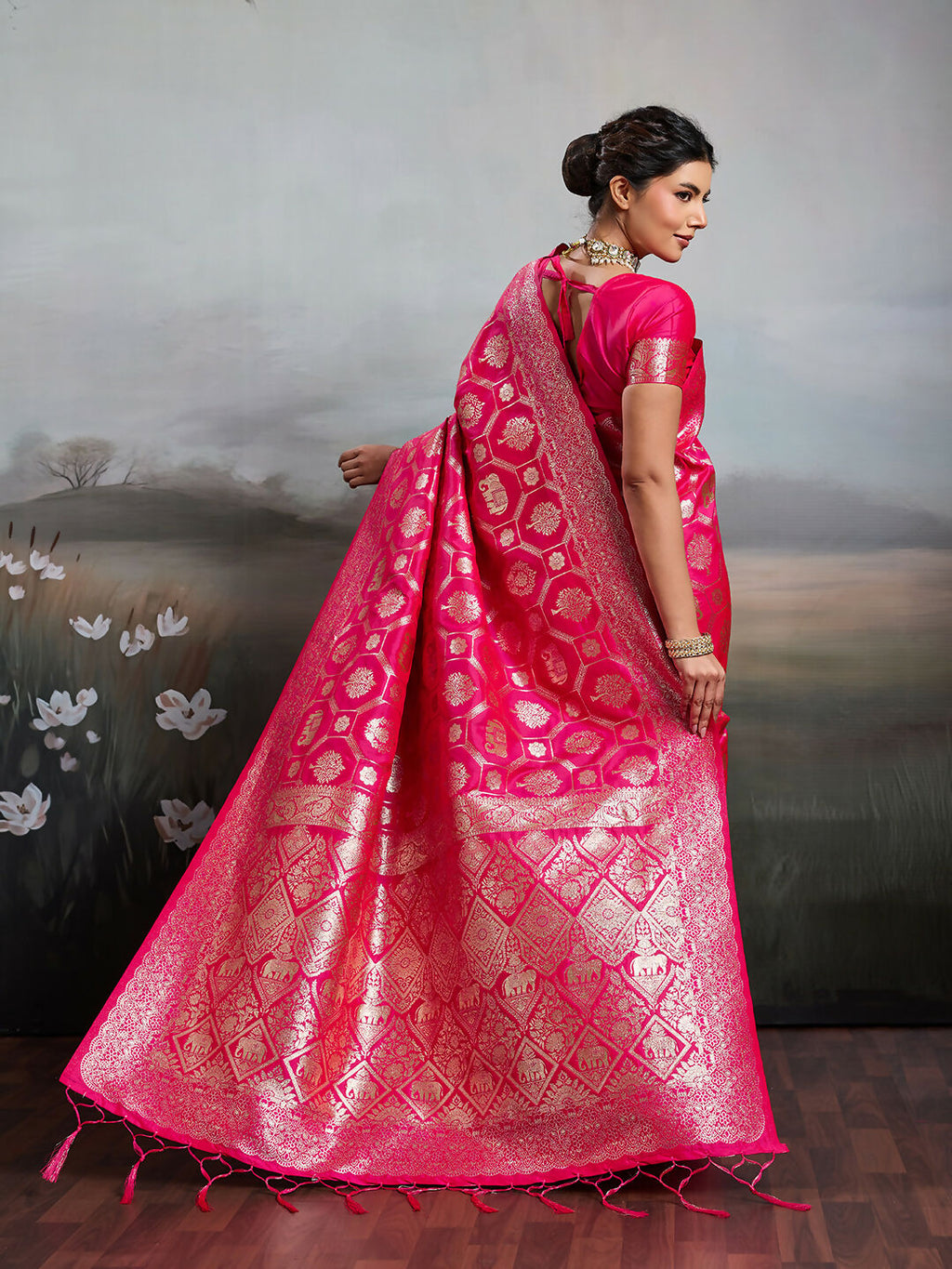 Rani Pink Silk Blend Saree with Matching Blouse Piece