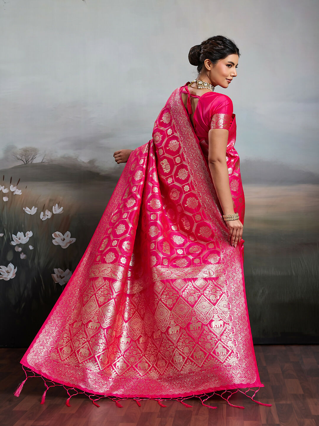 Rani Pink Silk Blend Saree with Matching Blouse Piece