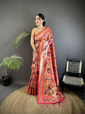 Reddish Pink Paithani Saree with peacock and floral weaving