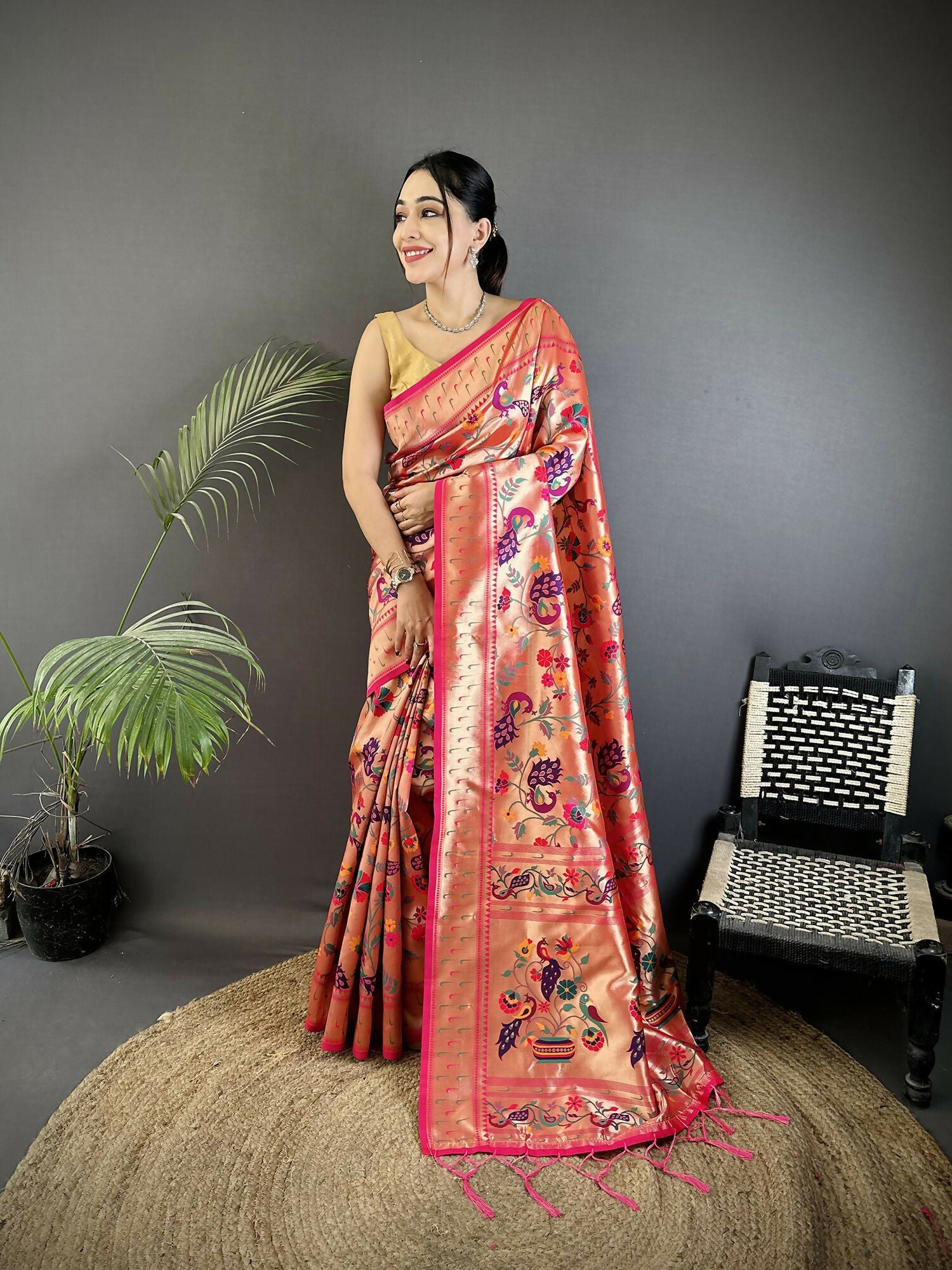 Reddish Pink Paithani Saree with peacock and floral weaving