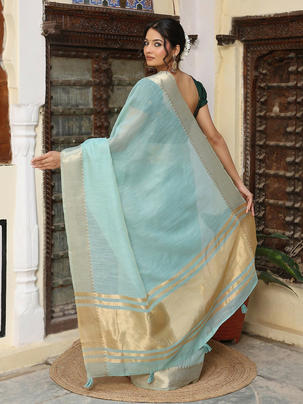 Sky Blue Cotton Saree with Contrast Green Blouse