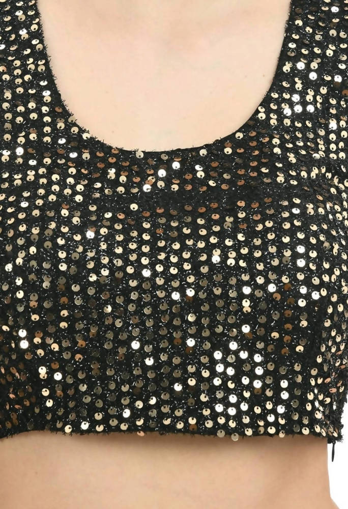 Beige and Black Ruffled Ready-to-Wear Lycra Saree with Sequin Blouse