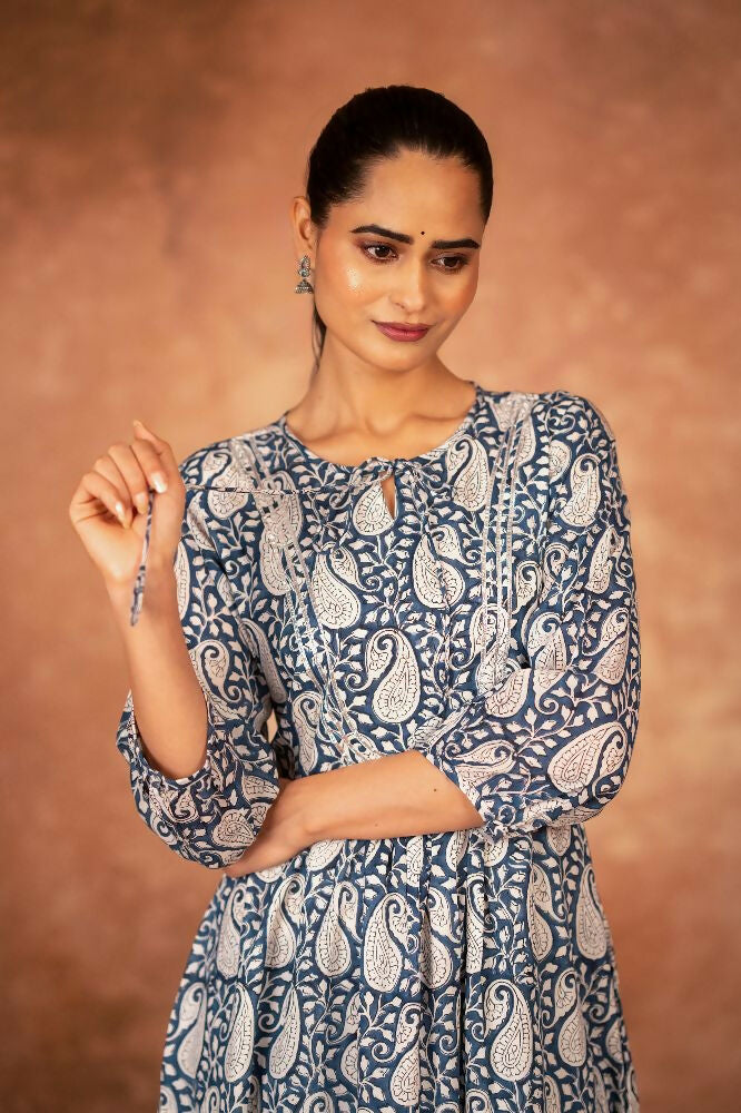 Blue Floral Hand Block Printed Cotton Kurta Pant Set