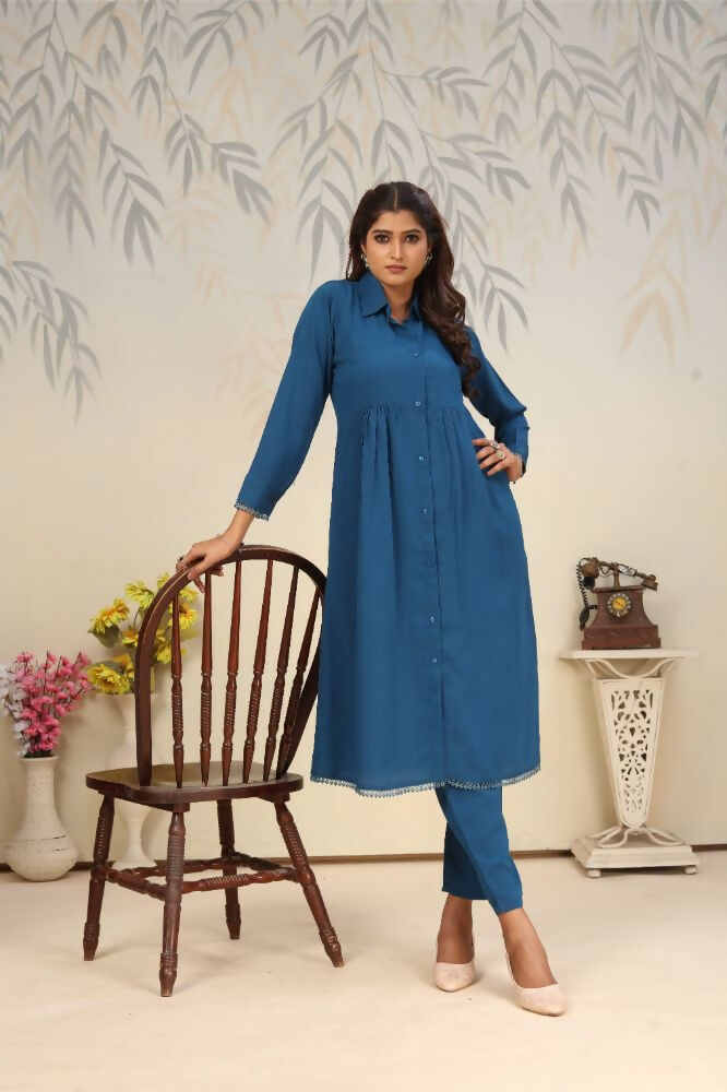 Women's Blue Rinkal Cotton Straight Kurti with Side Pockets