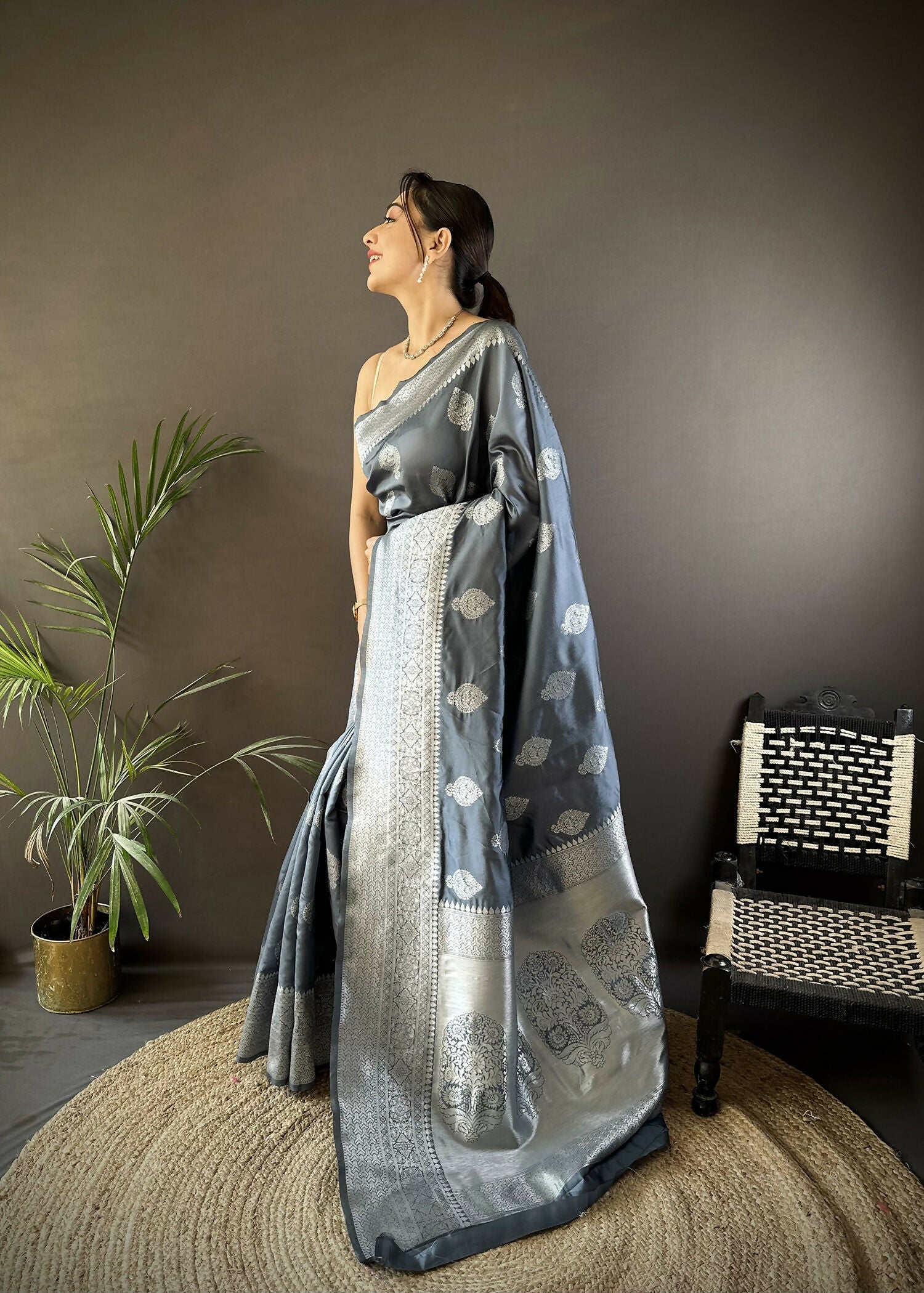 Grey Floral Motifs Soft Silk Banarasi Saree
