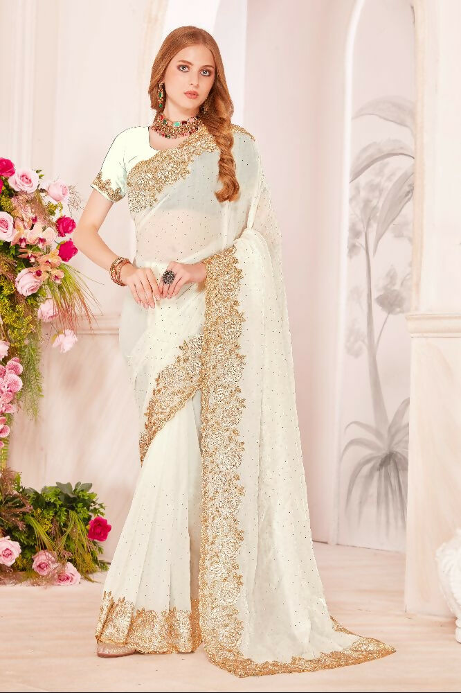 White Fendi Two Tone Silk Saree with Zari, Resham & Zircon Work