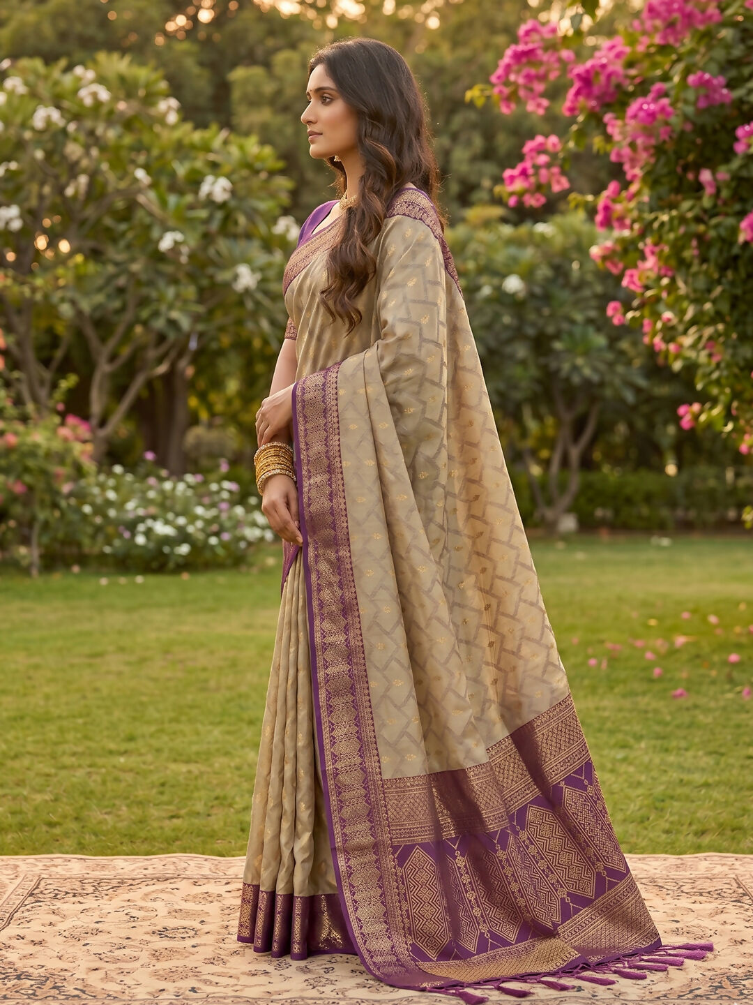 Chiku With Purple Cotton Saree - Comfortable Ethnic Wear