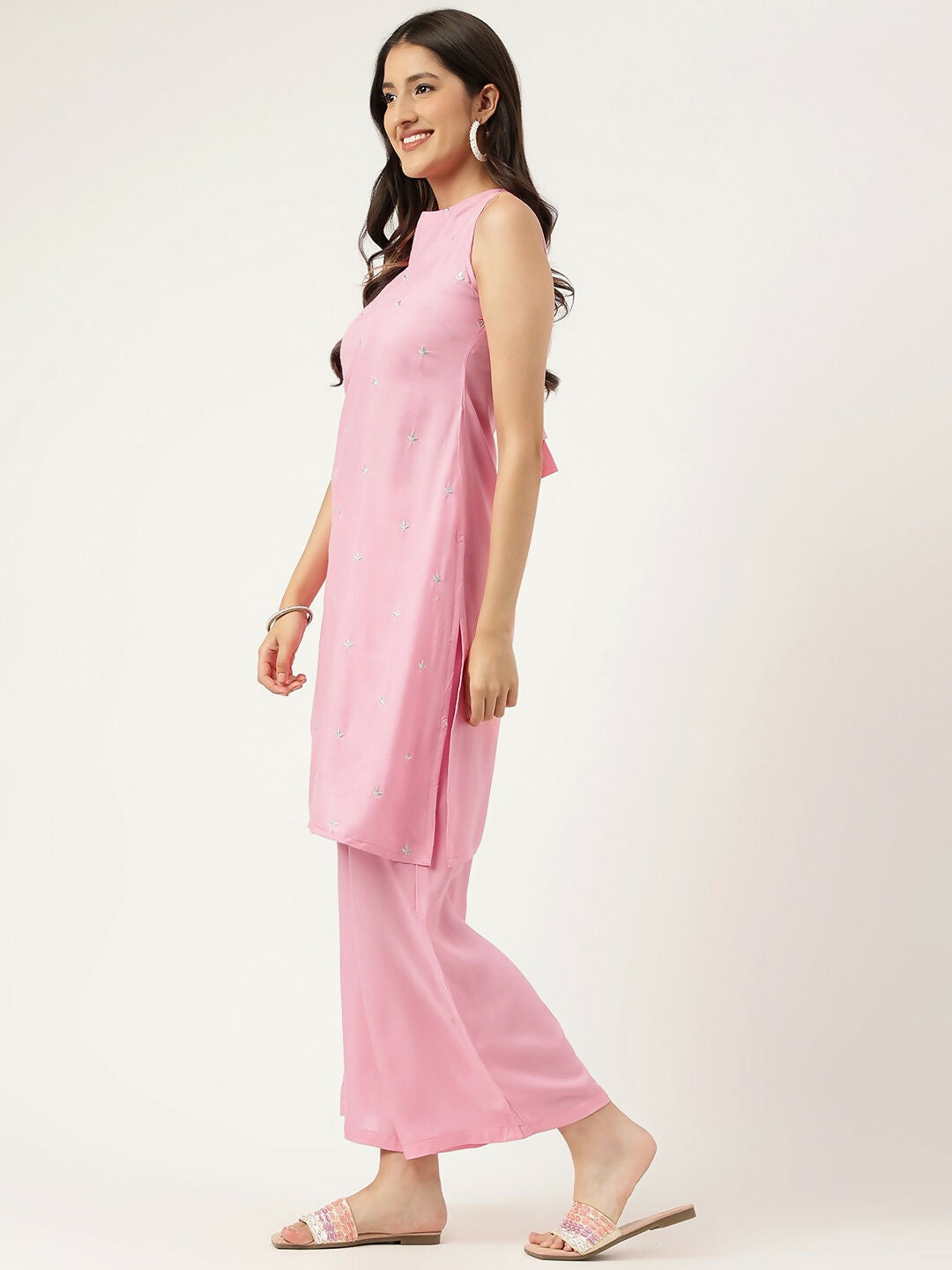 Pink Rayon Straight Kurta and Bottom Set with Embroidery Work