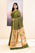 Piyari Fashion Moss Green Embellished Tissue Jamdani Saree with intricate festive detailing