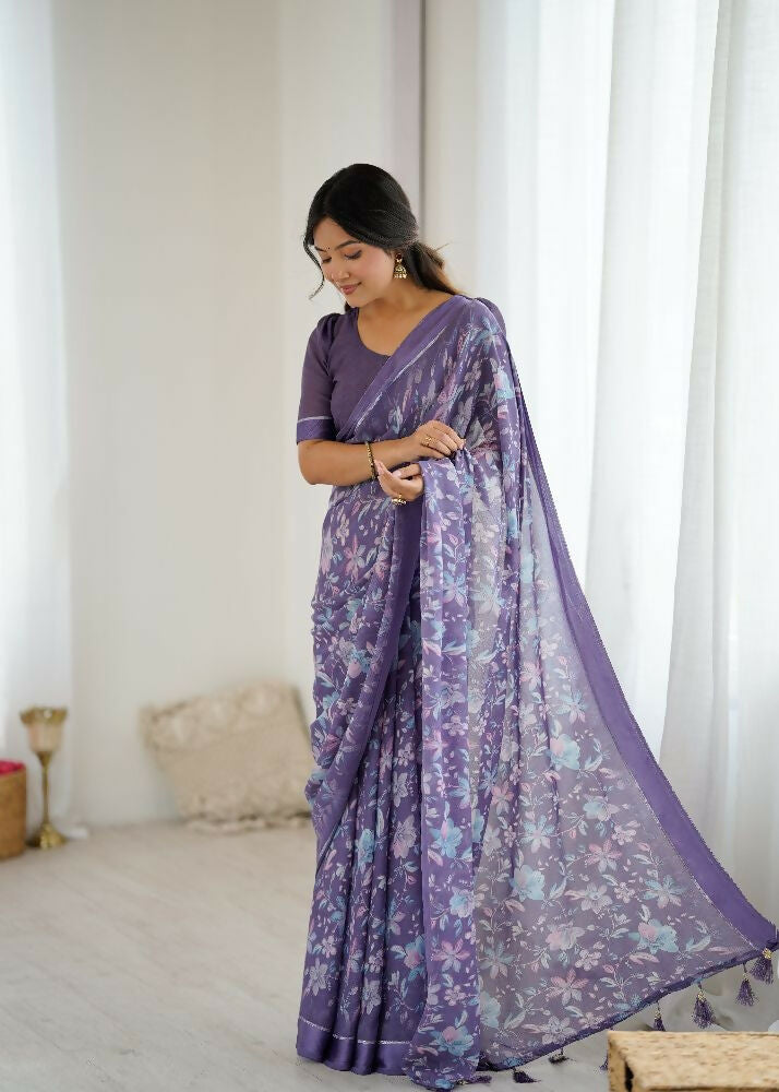 Lavender Bright Moss Satin Patta Printed Saree and Blouse