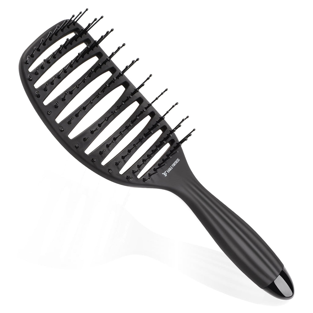 Black curved vented hair brush with anti-static nylon bristles