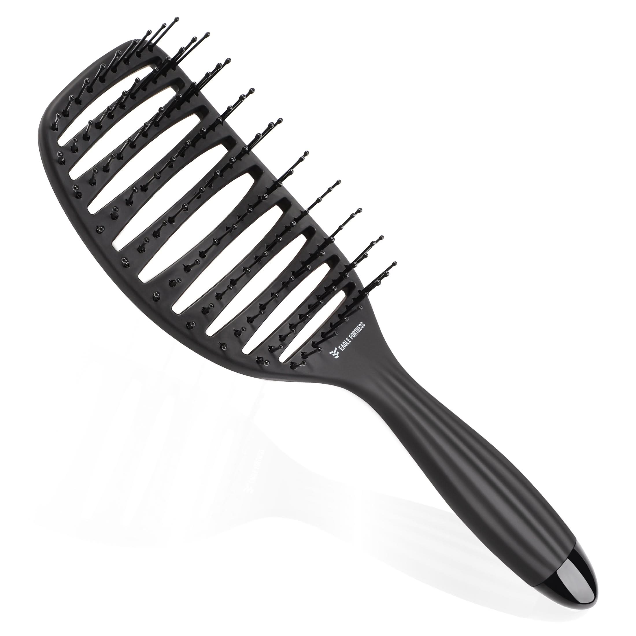 Black curved vented hair brush with anti-static nylon bristles