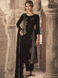 Elegant brown velvet straight kurta with floral Resham and Jari embroidery, paired with matching pants and a dupatta.