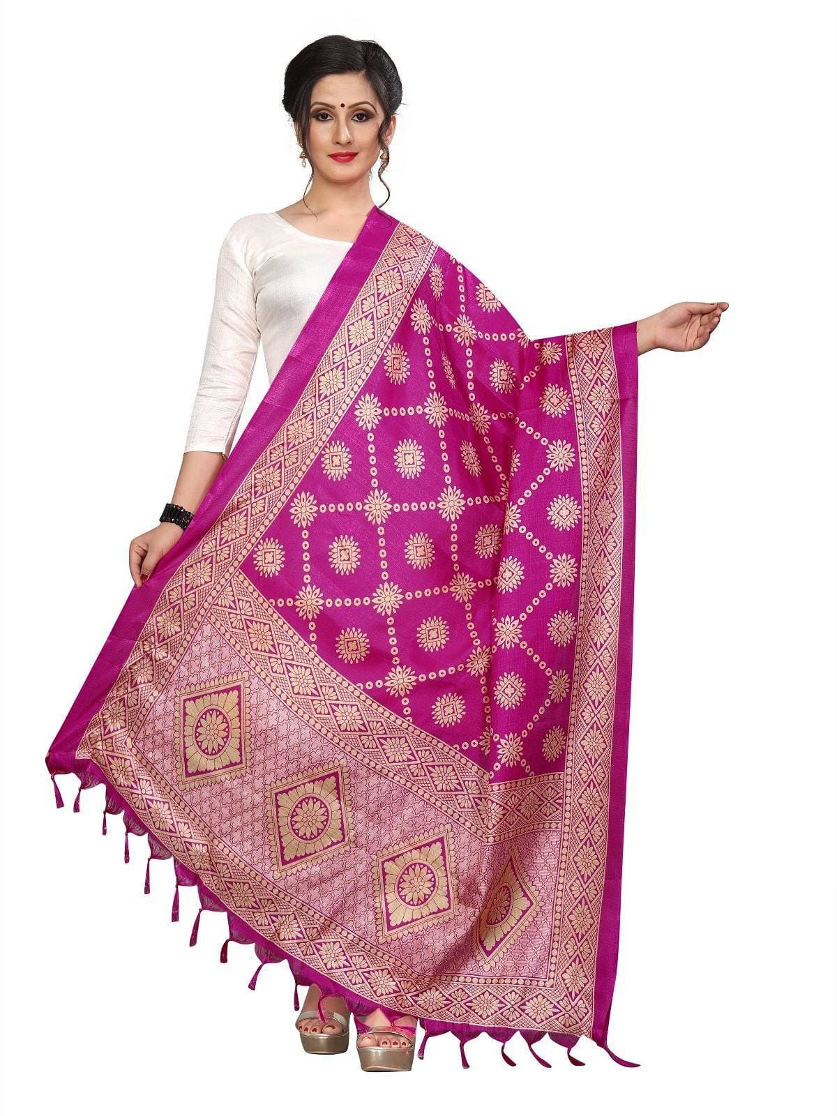 Pink Bhagalpuri printed Khadi dupatta with traditional patterns