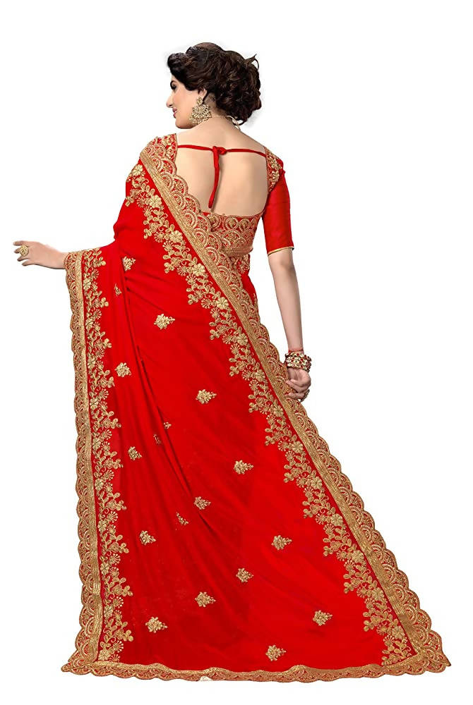 Red Silk Satin Saree with Heavy Embroidery and Blouse