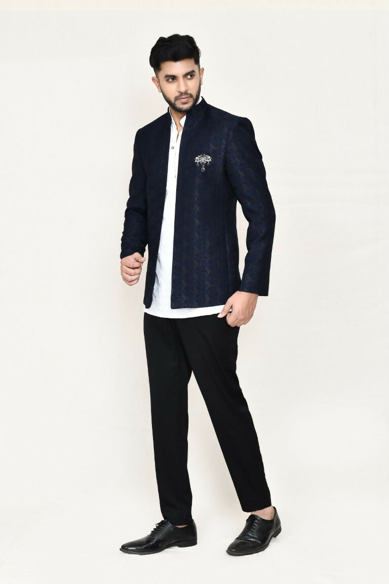 Men's White Imported Jacquard Open Prince Coat and Kurta Set
