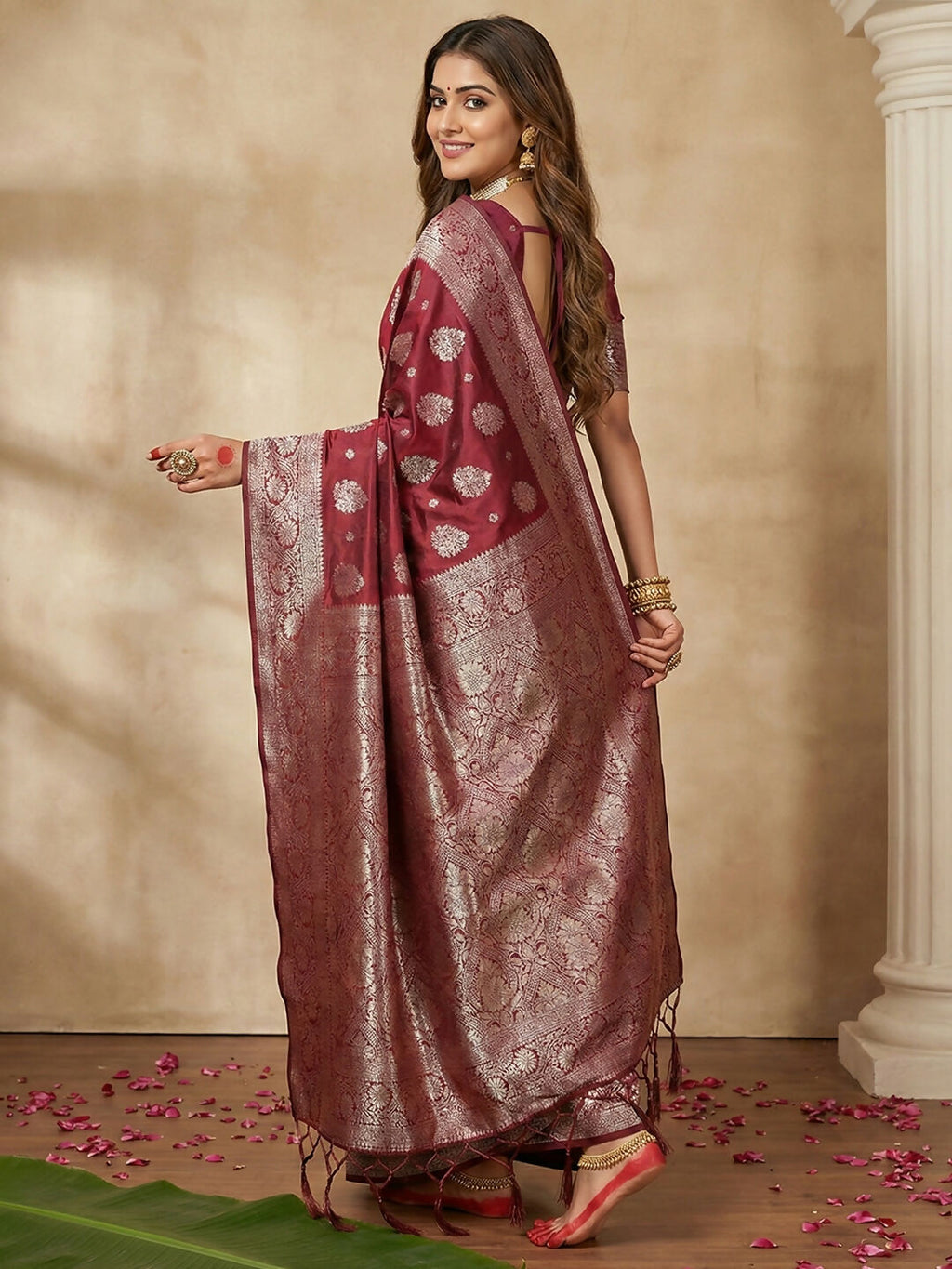 Maroon Silk Blend Saree with Matching Blouse Piece