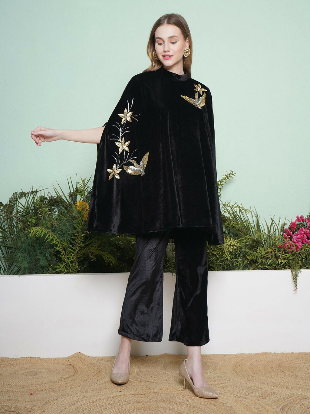 Joban Fashion Black Hand Embellished Cape Style Kurta with Bellbottom Pants