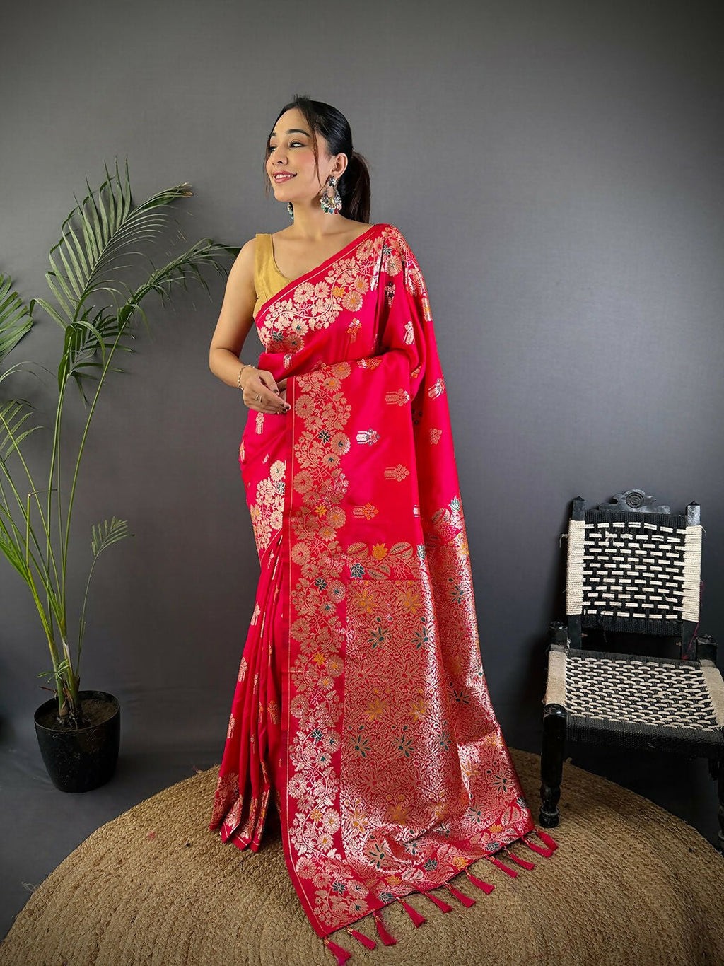 Pink Meenakari woven soft silk saree with matching blouse piece