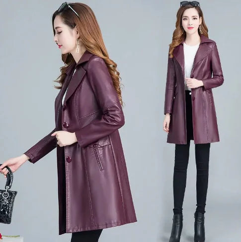 Women's Long PU Leather Jacket for Fall/Winter