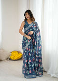 Dark Blue Linen Patta printed saree with matching blouse