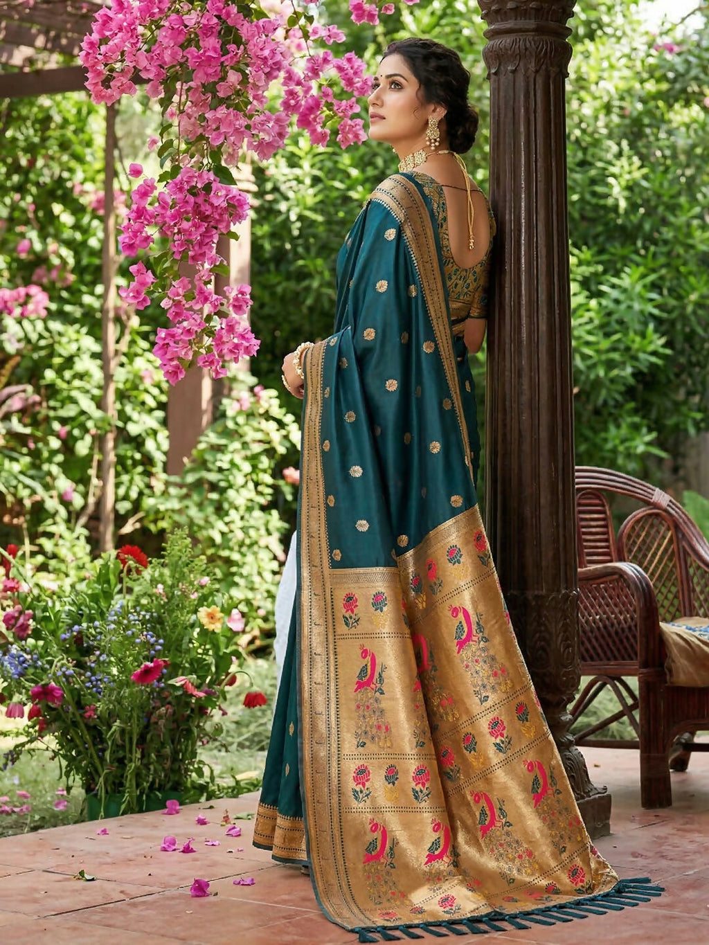 Teal Soft Silk Saree with Contrasting Golden Blouse