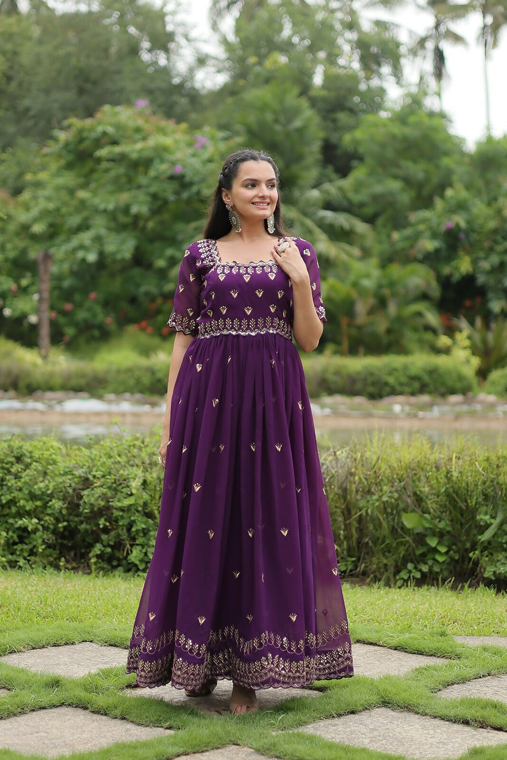 Purple Georgette Gown with Sequence Embroidery Work