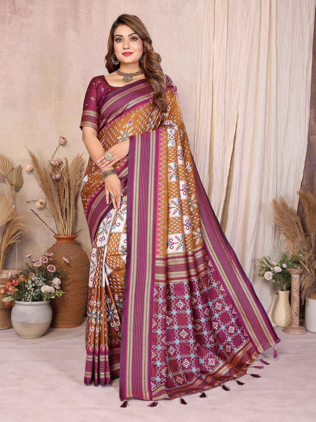 Mustard soft silk weaving saree with a contrast wine blouse