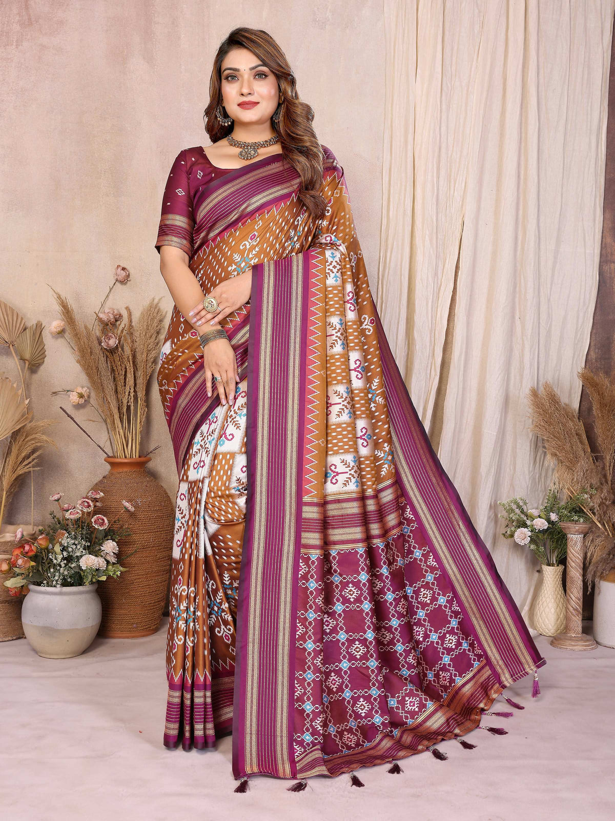 Mustard soft silk weaving saree with a contrast wine blouse