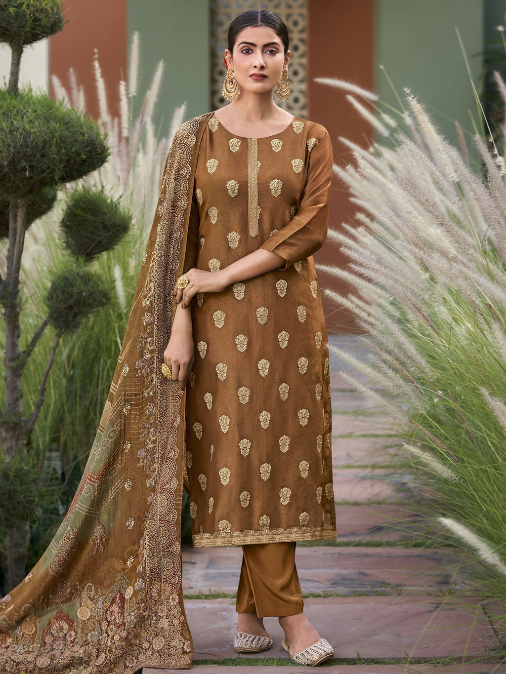 Elegant brown pure silk jacquard woven straight kurta with matching pant and dupatta