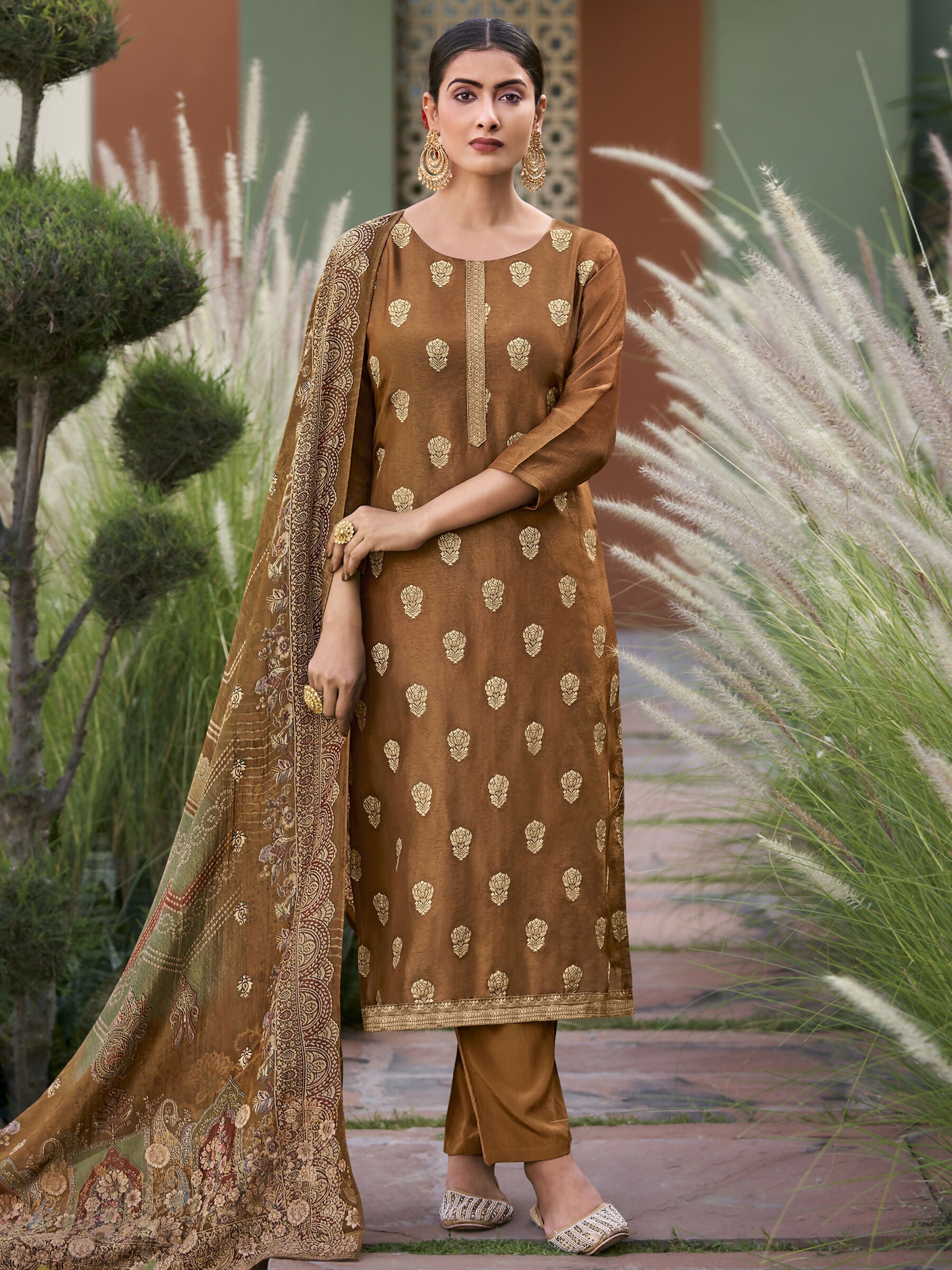 Elegant brown pure silk jacquard woven straight kurta with matching pant and dupatta